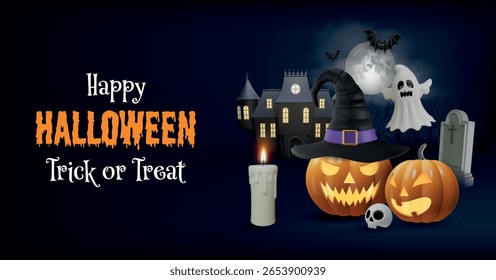 fundo de halloween com abóboras, fantasma e casa assombrada