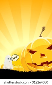 Halloween Background with Pumpkins and Ghost. Landscape.