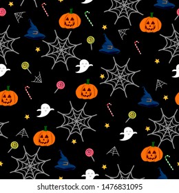 Halloween background with Halloween pumpkins, ghost, spider web, lollipop, pattern, seamless