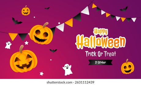 Halloween background with pumpkins, ghost, stars  and bats., perfect for festive Halloween decorations, greeting card, social media posts, invitations, and holiday designs.