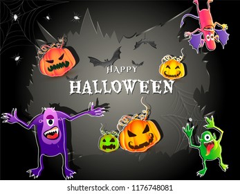 Halloween Background with Pumpkins, Ghots, Bats, and Spiders.