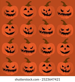 Halloween background from pumpkins glowing face on black and orange background. Kind of funny and scary pumpkin face with eyes and mouth. Design for holiday poster, invitations and greeting cards.