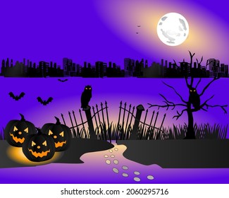 Halloween background with pumpkins 
, Graves, full moon, and bats stock illustration