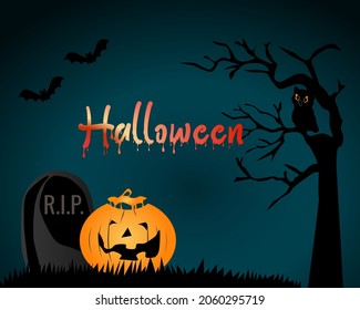 Halloween background with pumpkins 
, Graves, full moon, and bats stock illustration