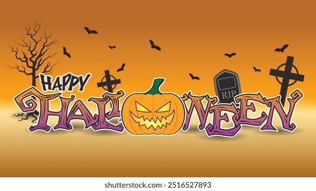 Halloween background with pumpkins, graveyard and text. Vector illustration.