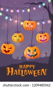 Halloween background, pumpkins. Greeting card for party and sale. Autumn holidays. Vector illustration EPS10.