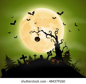 Halloween background with pumpkins hanging on tree and bats