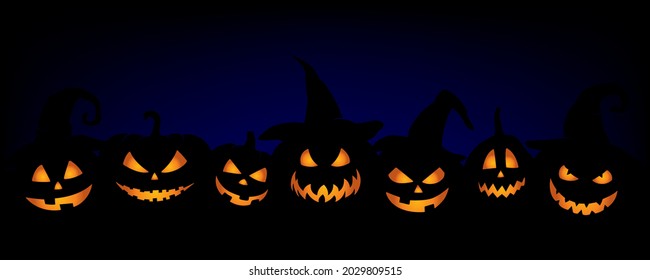 Halloween background with pumpkins in hats.