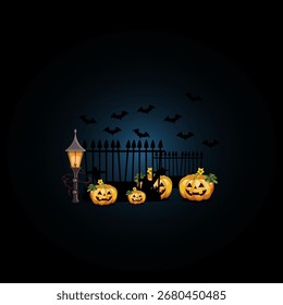 Fondo de Halloween con calabazas, linterna y murciélagos. Ilustración vectorial. eps 10