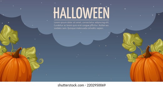 Halloween background. Pumpkins with leaves. Night star sky. Vector horizontal illustration with space for text. Template for banner, poster, flyer, website interface