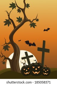 Halloween background with pumpkins and moon in the back