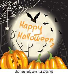 Halloween background with pumpkins, moon and bats