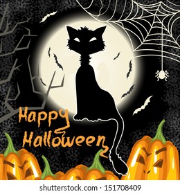Halloween background with pumpkins, moon and cat, eps10