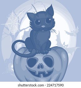 Halloween Background With Pumpkins, Moon And Cat, Eps 10 Vector Illustration