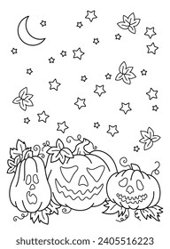Halloween background, pumpkins, moon and stars. Background, coloring page, black and white vector illustration.