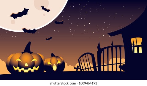 halloween background with pumpkins on the cemetery vector illustration design