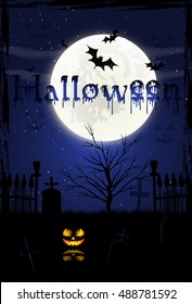 Halloween background with pumpkins on the cemetery in the dark night with full moon.
Scary castle. 