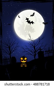 Halloween background with pumpkins on the cemetery in the dark night with full moon.
Scary castle.