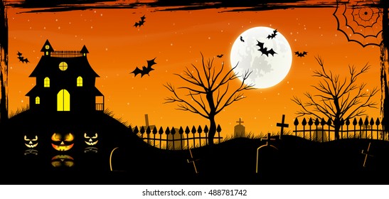 Halloween background with pumpkins on the cemetery in the dark night with full moon.
Scary castle.