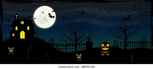 Halloween background with pumpkins on the cemetery in the dark night with full moon.
Scary castle.