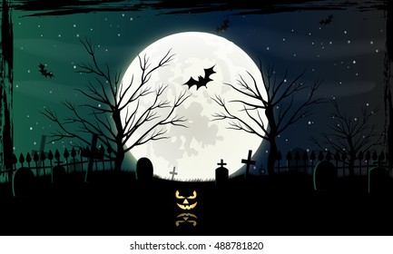  Halloween background with pumpkins on the cemetery in the dark night with full moon.
