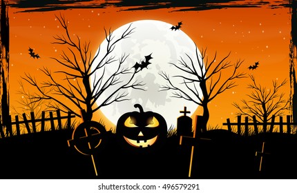 Halloween background with pumpkins on the cemetery in the dark night with full moon. Scary.