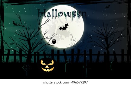 Halloween background with pumpkins on the cemetery in the dark night with full moon. 