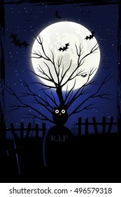 Halloween background with pumpkins on the cemetery in the dark night with full moon. 