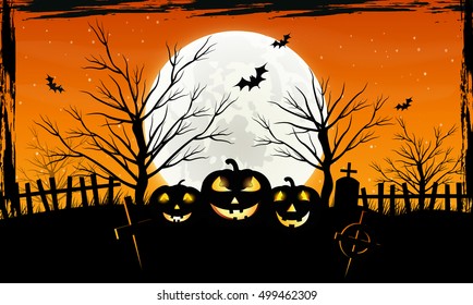 Halloween background with pumpkins on the cemetery in the dark night with full moon. Scary.
