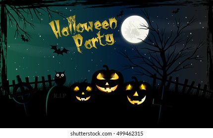 Halloween background with pumpkins on the cemetery in the dark night with full moon. 