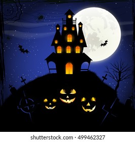 Halloween background with pumpkins on the cemetery in the dark night with full moon. Vampire's castle. 