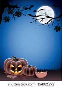 Halloween background with pumpkins on dark grass, bats, tree branches and moon