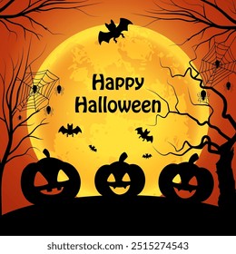 Halloween background with pumpkins on the full moon