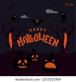 Halloween background with pumpkins on graveyard