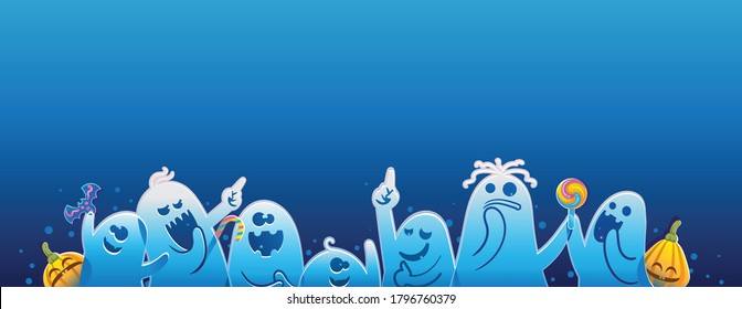 Halloween background. Pumpkins and pointed ghosts. Space for message or text you. Cute and fun for Halloween. Blue halloween background.