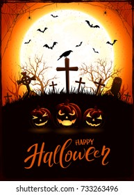 Halloween background with pumpkins, raven on a old cross in the cemetery. Orange night with full Moon, illustration.