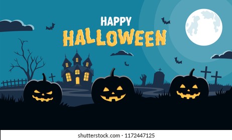 Halloween background. Pumpkins and scary castle on graveyard. Vector illustration in flat style.