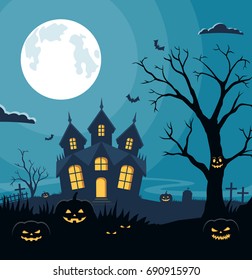 Halloween background with pumpkins and scary castle on graveyard. Invitation card on celebration Halloween. Vector illustration.