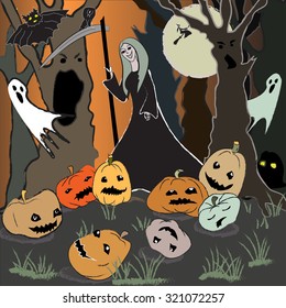 Halloween background with pumpkins, scythe man, ghosts, and magic night forest. Atmospheric image for halloween party invitation card.