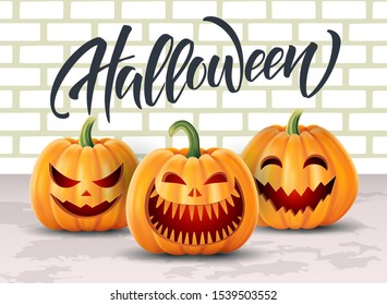 Halloween background, pumpkins set. Greeting card for party and sale. Autumn holidays. Vector illustration EPS10.