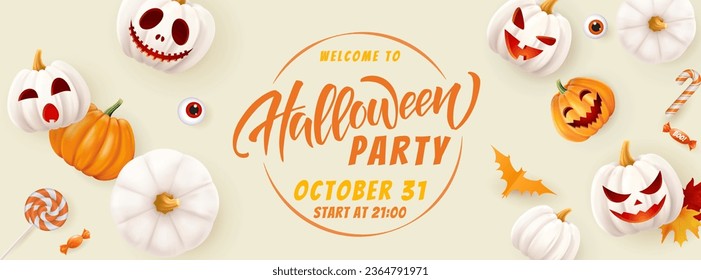 Halloween background, pumpkins set. Greeting card for party and sale. Autumn holidays. Vector illustration EPS10.