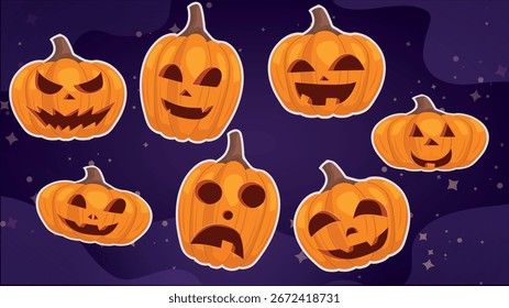 halloween background with pumpkins, set of pumpkins stickers