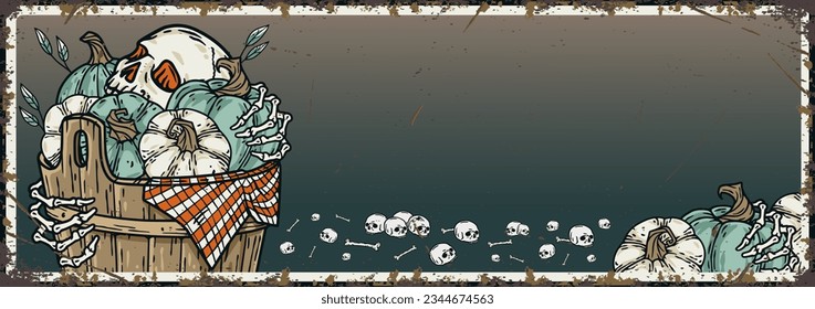 Halloween background with pumpkins, skulls and bones for scary poster. Season banner with skeleton hands and autumn leaves for dark fear october design