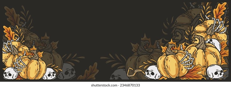 Halloween background with pumpkins, skulls and bones for scary poster. Season banner with skeleton hands and autumn leaves for dark fear october design