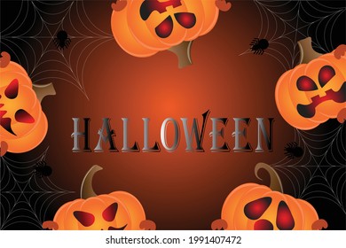 Halloween  background , pumpkins and spiders, illustration on a violet background.