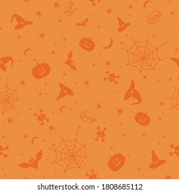 Halloween background. Pumpkins, spiders, skulls and other holiday attributes in orange color. Vector seamless pattern.