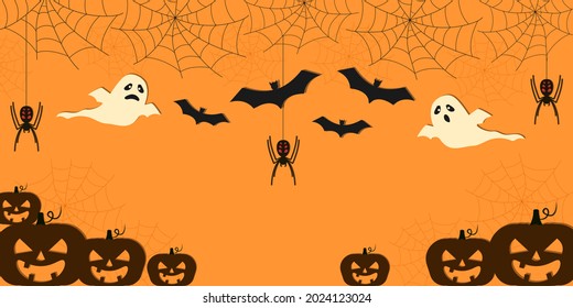 Fondo de Halloween con calabazas, arañas y telaraña.Tarjeta de saludo, invitación de fiesta o plantilla de banner. Ilustración vectorial. 