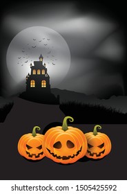 Halloween background pumpkins and spooky castle landscape