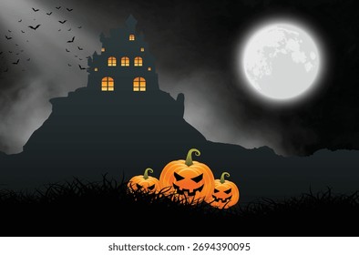 Fondo de Halloween con calabazas y diseño de paisaje de castillo espeluznante