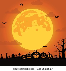 halloween background with pumpkins, spooky tree, vintage haunted house, and bats flying over cemetery